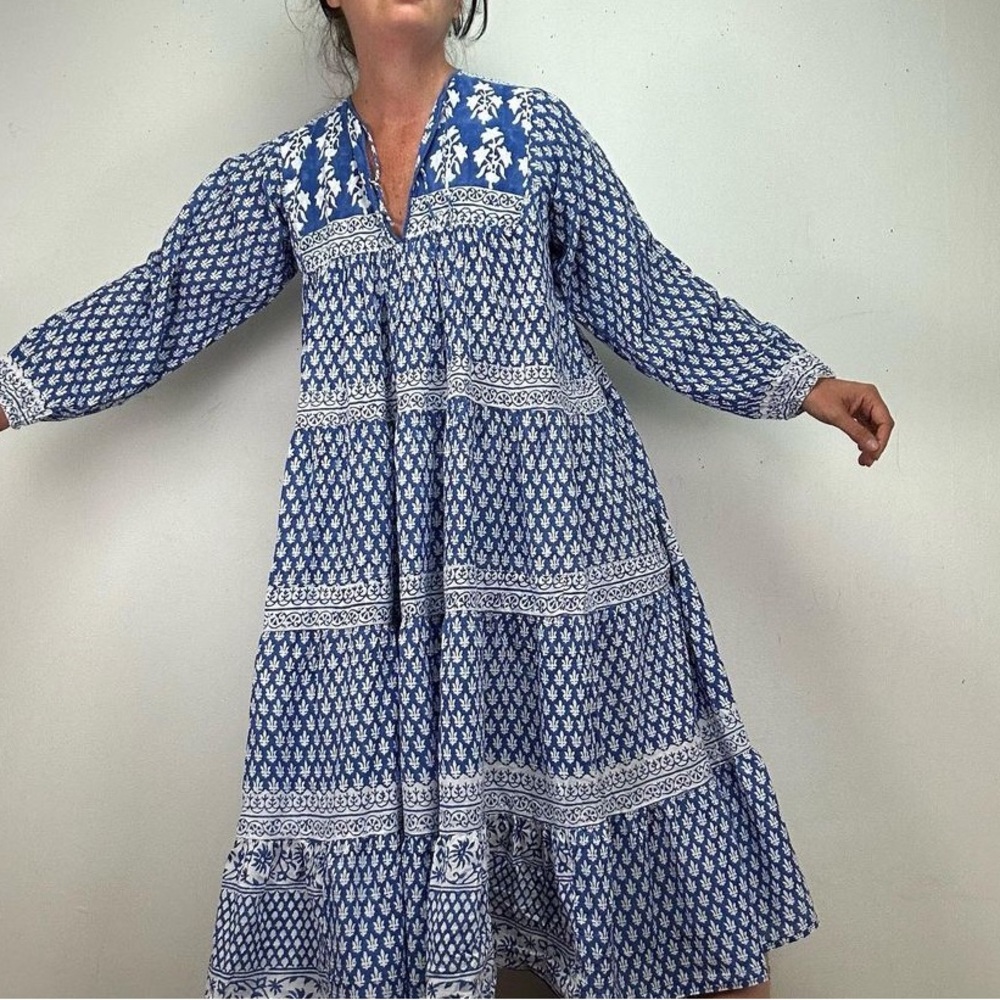 Vintage 70s Indian Cotton Black and White Block Print Dress - Picture 4 of 10